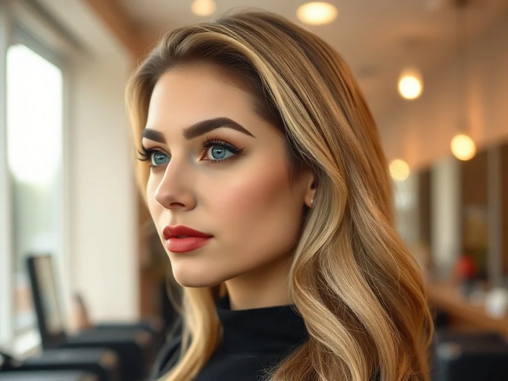 Kobieta z modnym, ciemnym odrostem przy blond włosach, prezentująca stylową i zadbaną fryzurę w nowoczesnym salonie.