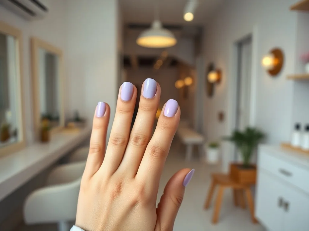 Zadbane krótkie paznokcie pomalowane na modny, pastelowy odcień lawendy w profesjonalnym salonie kosmetycznym.