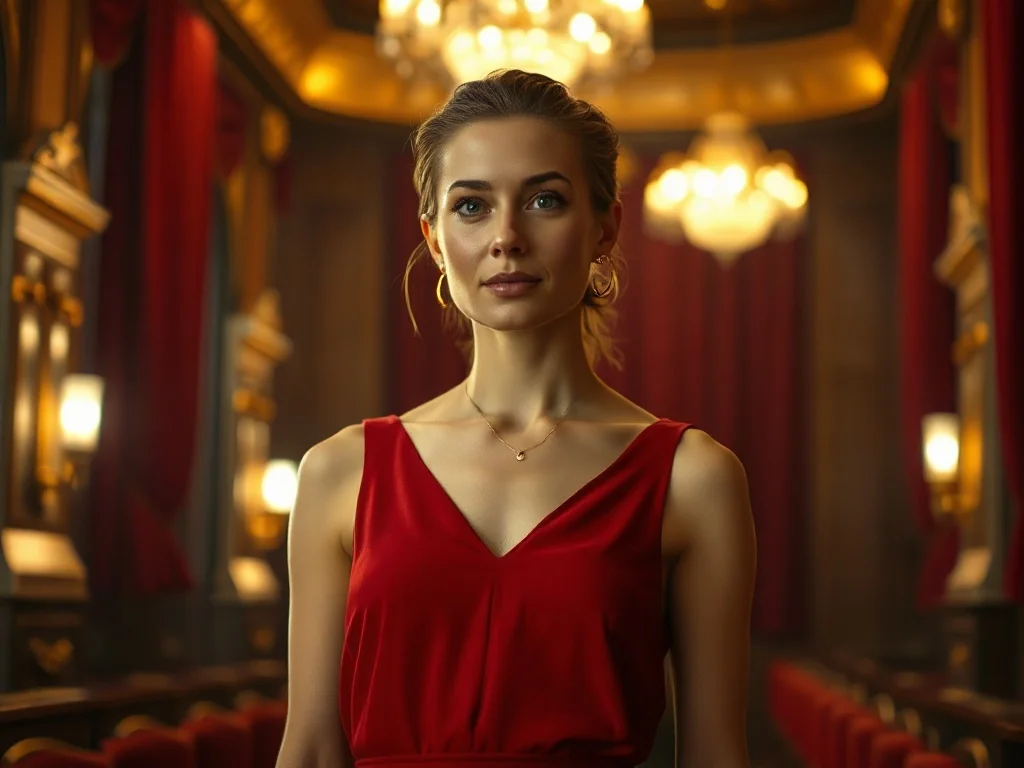 Elegancka kobieta w sukience smart-casual w stylowym foyer teatru, idealna inspiracja na stylizację na komedię.
