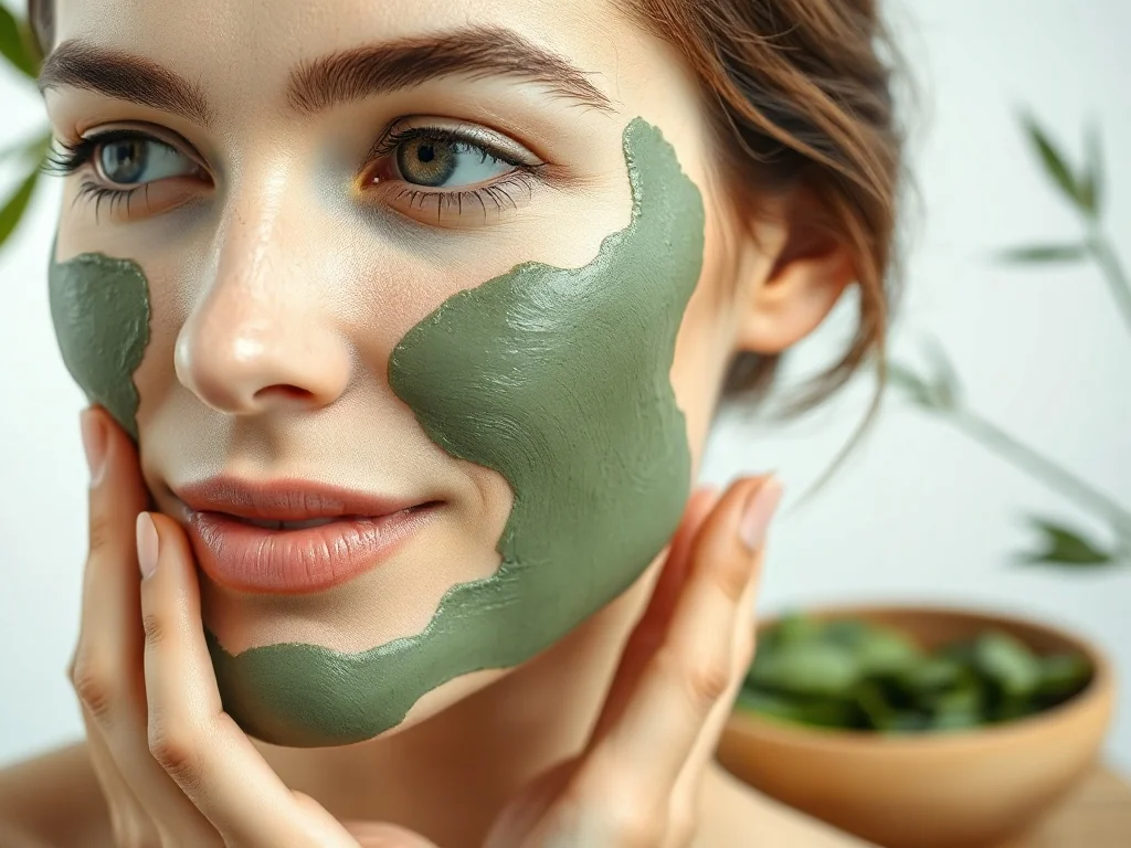Kobieta nakłada kojącą zieloną maskę glinkową na policzek w relaksującej scenerii spa.