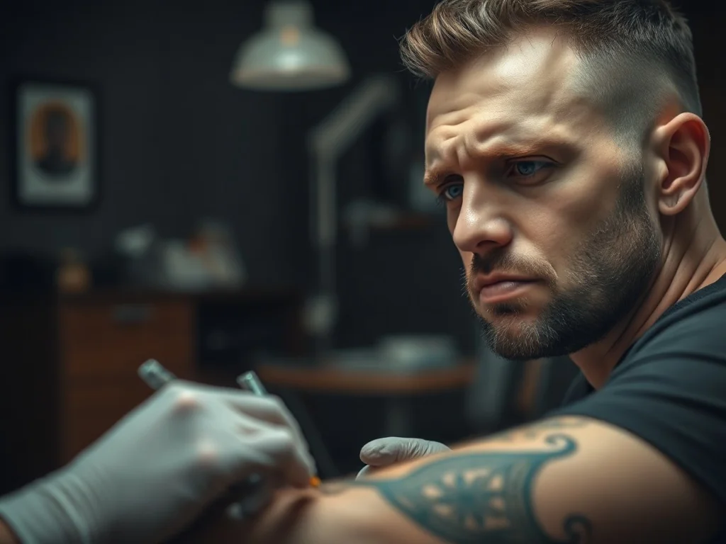 Mężczyzna z grymasem bólu podczas wykonywania tatuażu na przedramieniu w profesjonalnym studiu.