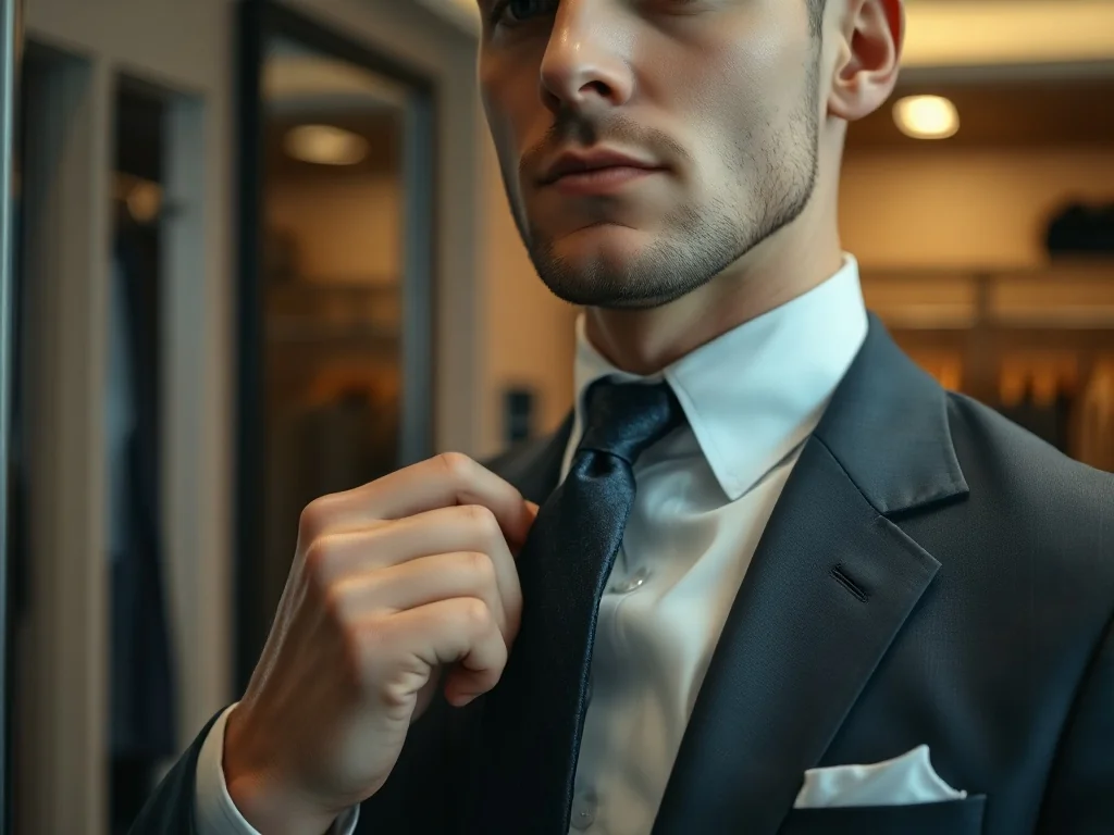 Elegancki mężczyzna poprawiający krawat, którego końcówka idealnie sięga klamry paska, ilustrując zasady męskiej elegancji.