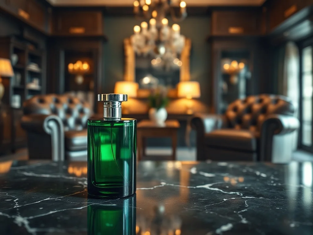 Elegancki flakon perfum Paco Rabanne pour homme na marmurowym blacie w tle męskiego gabinetu.