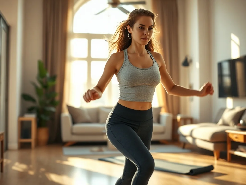 Kobieta w stroju sportowym energicznie tańczy zumbę w słonecznym salonie, zachęcając do domowego treningu.