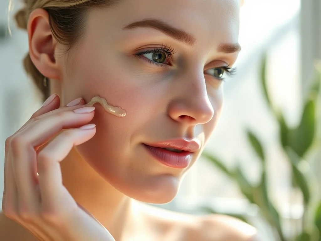 Kobieta nakładająca serum nawilżające na twarz w ramach porannej pielęgnacji w domowym spa.