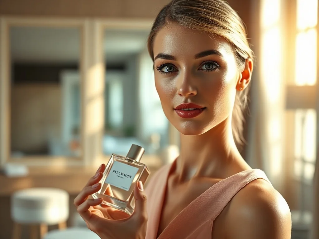 Elegancka kobieta trzymająca minimalistyczny flakon perfum w jasnej, nowoczesnej garderobie.