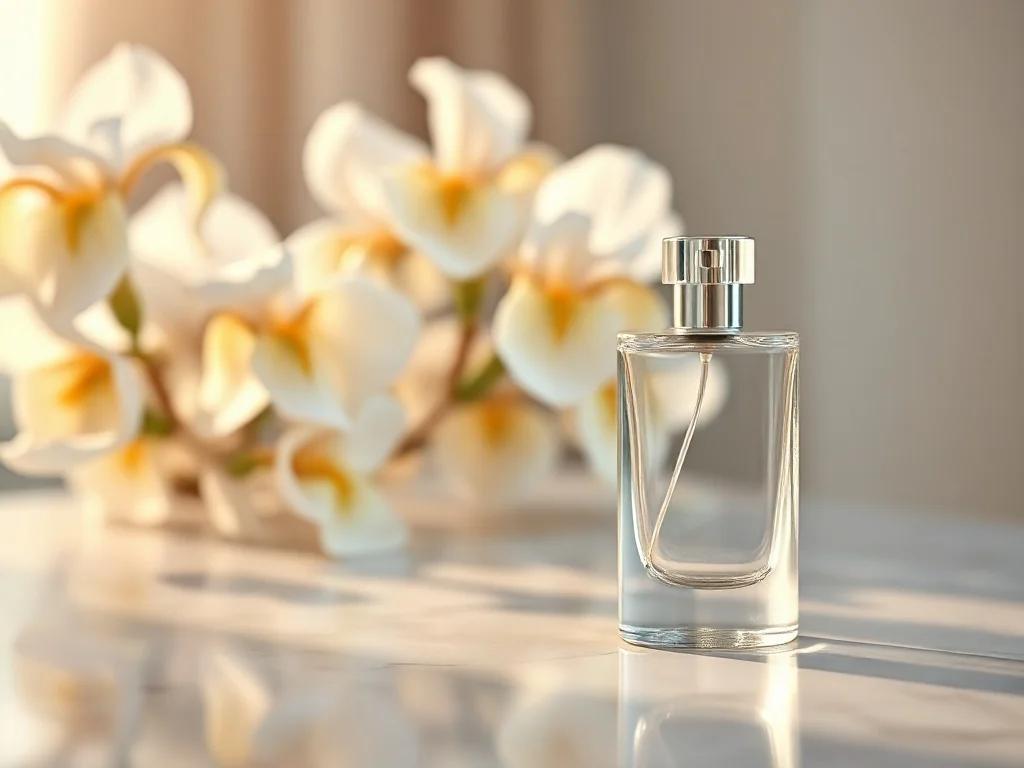 Elegancki flakon perfum La Rive Her Choice na marmurowym blacie w otoczeniu kwiatów jaśminu i irysa w świetle zachodzącego słońca.